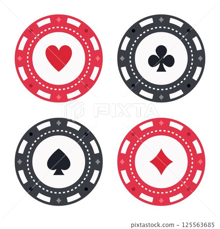 Round poker chips with different card suits, vector set of four casino items for gambling Round poker chips with different card suits, vector set of four casino items for gambling 125563685