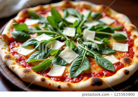 Fresh italian margherita pizza with basil and cheese on rustic crust. AI generation 125563900