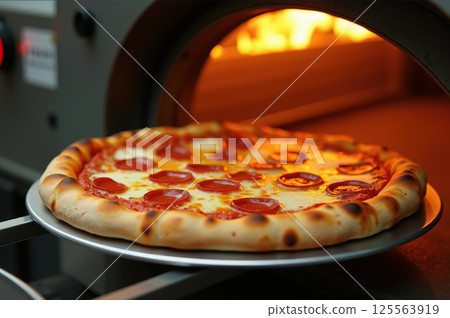 Gourmet pepperoni pizza freshly baked in traditional brick oven setting. AI generation Gourmet pepperoni pizza freshly baked in traditional brick oven setting. AI generation 125563919