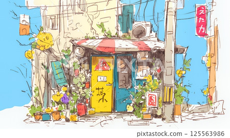 An old-fashioned bar with a Showa-era feel (crayon and watercolor style) 125563986