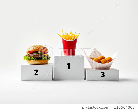 Fast food podium: burger, fries, and nuggets in fun olympic display. AI generation Fast food podium: burger, fries, and nuggets in fun olympic display. AI generation 125564003