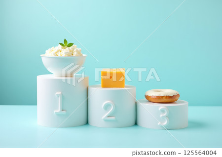 Creative food display: cottage cheese, cheese block, and donut arrangement. AI generation 125564004