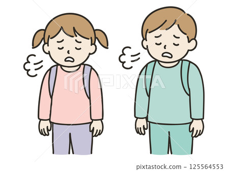 An elementary school student carrying a backpack with a depressed expression 125564553