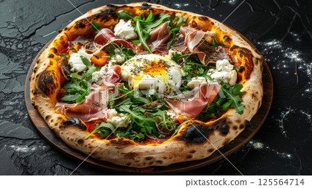 Delicious pizza topped with runny egg yolk, prosciutto, arugula, soft cheese, and vegetables on a wooden plate AI generated 125564714