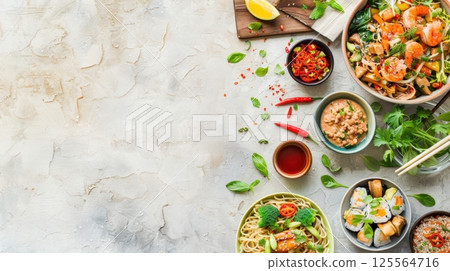 Overhead view of various Asian dishes: noodles with salmon, shrimp salad, sushi rolls, quinoa, sauces, and spices on a textured surface. Ample copy space AI generated Overhead view of various Asian dishes: noodles with salmon, shrimp salad, sushi rolls, quinoa, sauces, and spices on a textured surface. Ample copy space AI generated 125564716