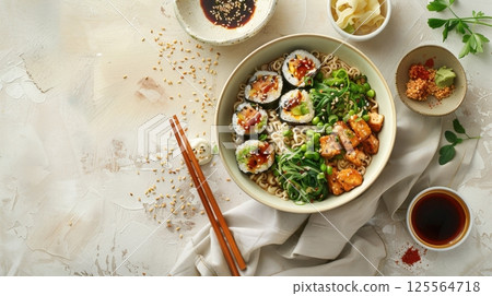 Bowl of fusion ramen with sushi rolls, tofu, seaweed, and peas. Served with soy sauce, ginger, and chili flakes on a textured light surface. Top view AI generated 125564718