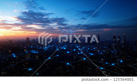 Smart city and big data connection technology concept with digital blue wavy wires with antennas on night megapolis city skyline background, double exposure. 125564801