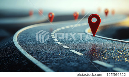 Winding Road with Red Location Pins, Journey Concept, Route Planning , Road Map with Markers, Destination Graphic, Strategic Planning Design 125564822