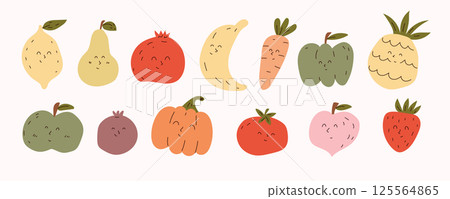Set of cute smiling fruits and vegetables in flat cartoon style. Perfect for kids designs, educational materials, stickers, packaging, and greeting cards Set of cute smiling fruits and vegetables in flat cartoon style. Perfect for kids designs, educational materials, stickers, packaging, and greeting cards 125564865