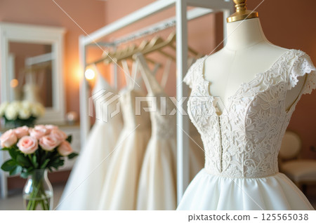 Elegant bridal boutique with lace wedding dress display. AI generation 125565038