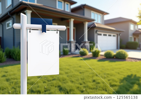 Suburban home for sale: modern architecture with spacious yard and blank real estate sign. AI generation 125565138