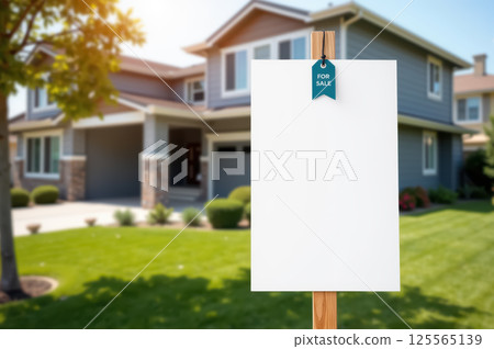 Suburban home with for sale sign and green lawn in sunny neighborhood. AI generation 125565139