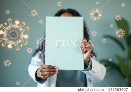African female doctor holding blank paper amid virus graphics in medical setting. AI generation 125565207