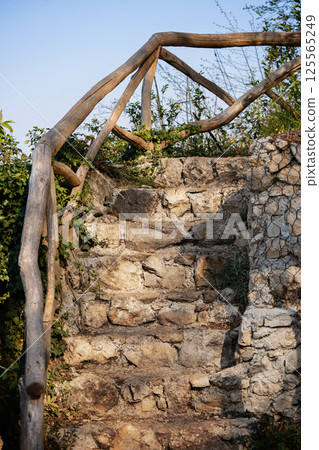 Old stone stairs overgrown by plants. Close up of ancient stone stairway. 125565249