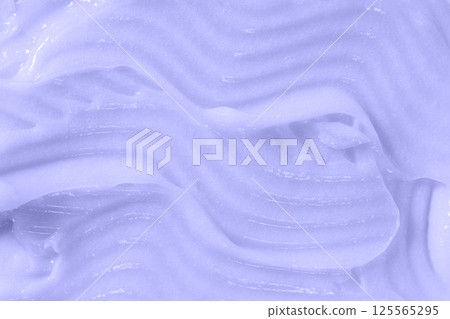 Body care balm, retinol serum, shampoo wavy texture. Hair conditioner cream background. Lilac cosmetic lotion moisturiser sample closeup. Skincare mask smear, creamy cleanser product 125565295