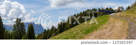 Panoramic alpine landscape with forest, mountain view near Valley of Funes at Dolomites, Italy Panoramic alpine landscape with forest, mountain view near Valley of Funes at Dolomites, Italy 125565397