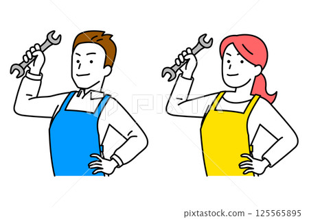 Set of men and women in aprons holding wrenches 125565895