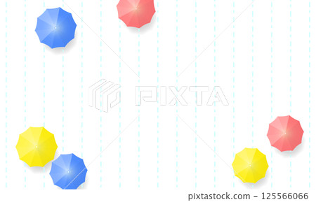 A frame of scattered red, blue and yellow umbrellas seen from above on a light blue dotted background A frame of scattered red, blue and yellow umbrellas seen from above on a light blue dotted background 125566066