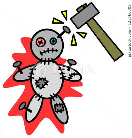 Illustration of a curse ritual in which a nail is hammered into a doll Illustration of a curse ritual in which a nail is hammered into a doll 125566309