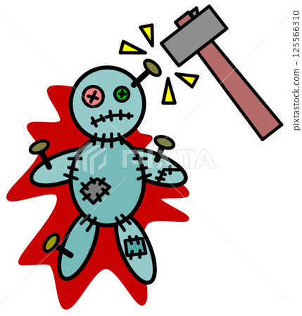 Illustration of a curse ritual in which a nail is hammered into a doll Illustration of a curse ritual in which a nail is hammered into a doll 125566310