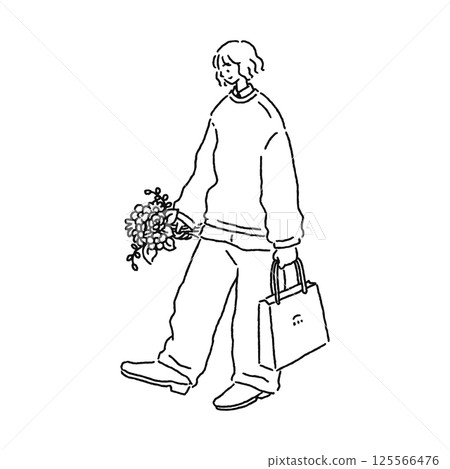 Line drawing of a person holding a bouquet and a paper bag Line drawing of a person holding a bouquet and a paper bag 125566476