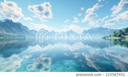 清澈的湖水倒映著藍天和山 125567452