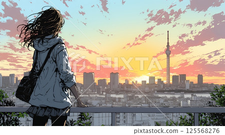 Young woman watching the sunset (sunrise) and landscape of a big city 125568276