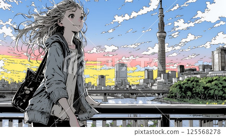 年輕女子觀賞大城市的日落（日出）和風景 125568278