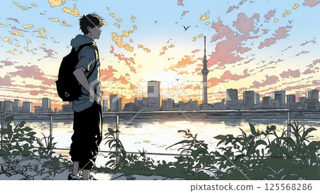 年輕人觀賞大城市的日落（日出）和風景 125568286