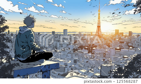 Young man watching the sunset (sunrise) and landscape of a big city 125568287