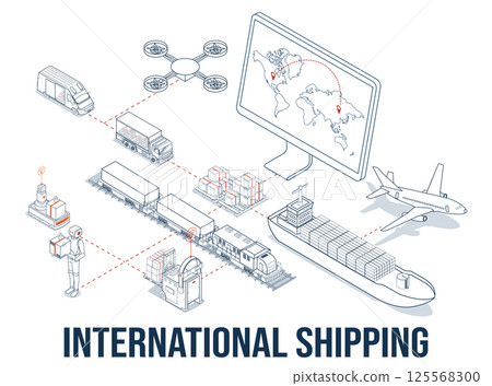International shipping is the worldwide transport of goods via various methods like trains, trucks, planes, and ships, crucial for global business logistics and online commerce. 125568300