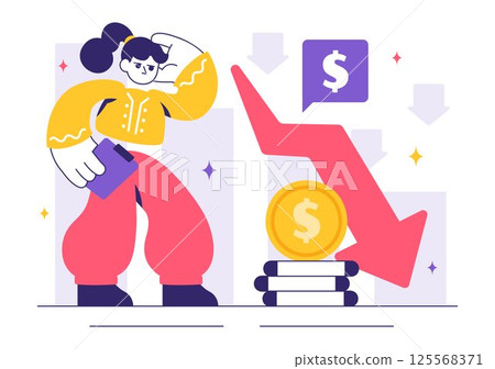 Financial Crisis Vector Illustration featuring concepts of Bankruptcy, Economic Collapse, and Cost Reduction with a Downward Arrow in a Background Financial Crisis Vector Illustration featuring concepts of Bankruptcy, Economic Collapse, and Cost Reduction with a Downward Arrow in a Background 125568371