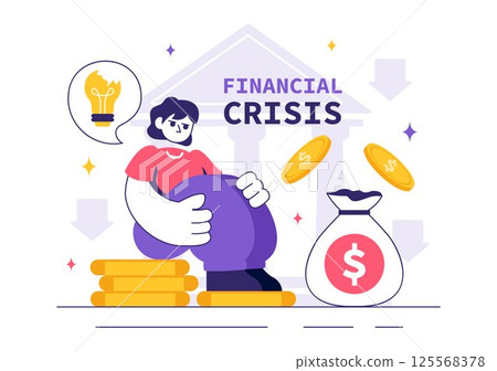 Financial Crisis Vector Illustration featuring concepts of Bankruptcy, Economic Collapse, and Cost Reduction with a Downward Arrow in a Background Financial Crisis Vector Illustration featuring concepts of Bankruptcy, Economic Collapse, and Cost Reduction with a Downward Arrow in a Background 125568378