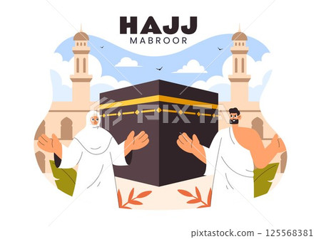 Hajj or Umrah Mabroor Vector Illustration featuring Muslims Performing the Pilgrimage to Mecca with the Kaaba and Mosque in a Flat Background 125568381