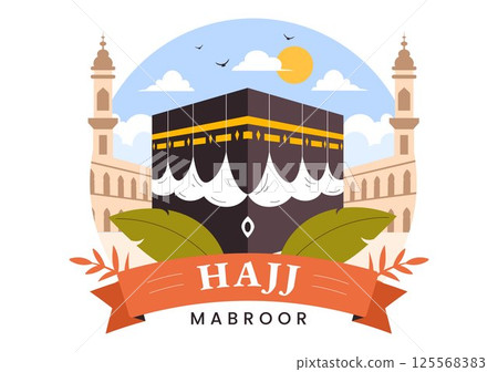 Hajj or Umrah Mabroor Vector Illustration featuring Muslims Performing the Pilgrimage to Mecca with the Kaaba and Mosque in a Flat Background 125568383
