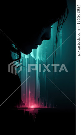 Neon lit silhouette of person with digital glitches in futuristic style Neon lit silhouette of person with digital glitches in futuristic style 125568984