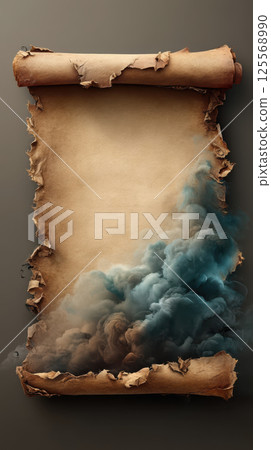 Ancient scroll with burnt edges and mystical smoke rising Ancient scroll with burnt edges and mystical smoke rising 125568990