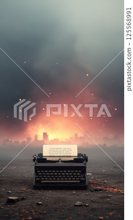 Vintage typewriter on desolate landscape with fiery cityscape in background Vintage typewriter on desolate landscape with fiery cityscape in background 125568991
