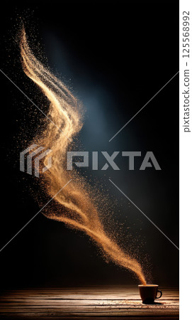 Golden coffee steam swirls gracefully from cup, creating magical atmosphere Golden coffee steam swirls gracefully from cup, creating magical atmosphere 125568992