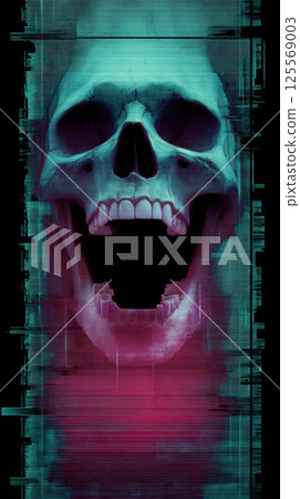 Neon lit skull with digital glitches creates eerie atmosphere Neon lit skull with digital glitches creates eerie atmosphere 125569003