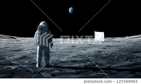 Astronaut standing on the moon with a white flag 125569463