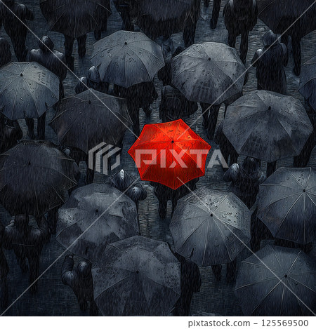 A red umbrella accent blooming in the rain 125569500