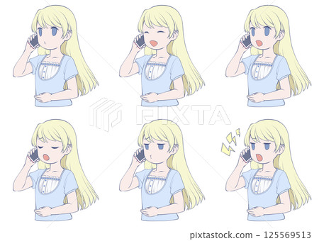 一位金髮年輕女子用智慧型手機打電話，臉上有六種不同的面部表情 125569513