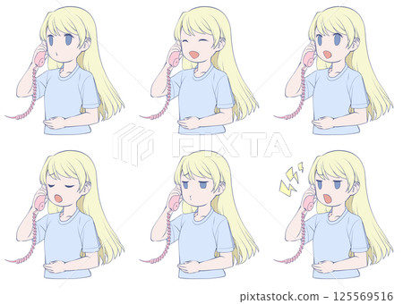 一位金髮年輕女子在打電話,臉上有六種不同的面部表情 一位金髮年輕女子在打電話,臉上有六種不同的面部表情 125569516