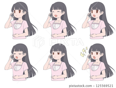 一位黑髮年輕女子用智慧型手機打電話，臉上有六種不同的臉部表情 125569521