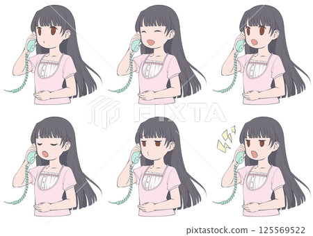 一位黑髮年輕女子在電話裡說話，有六種不同的表情 125569522