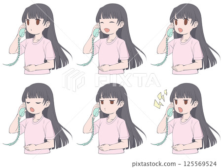 一位黑髮年輕女子在電話裡說話，有六種不同的表情 125569524