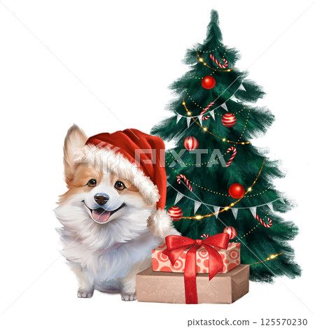 Illustration of corgi dog wearing a Santa hat, sitting next to a decorated Christmas tree with a present, capturing the joy of the holiday season 125570230