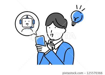 Illustration of a man solving a problem using conversational AI on a smartphone 125570366