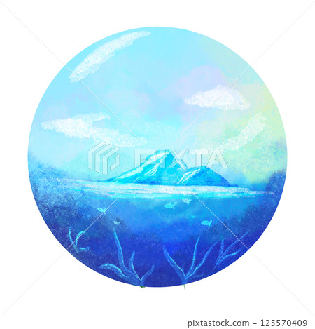 Ice mountain and ocean artistic illustration, blue nature scene in circular frame Ice mountain and ocean artistic illustration, blue nature scene in circular frame 125570409
